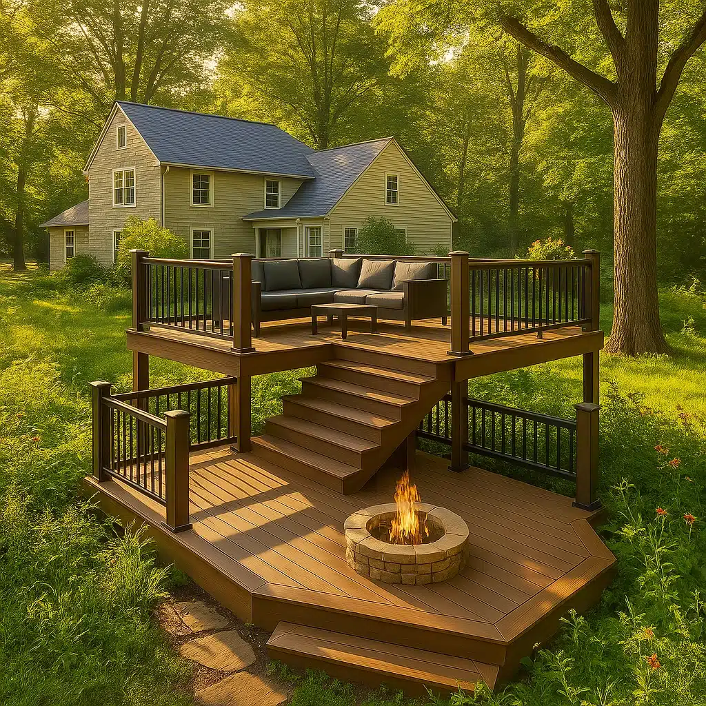custom-freestanding-residential-deck-with-outdoor-couch-and-small-table-with-firepit-on-the-garden-in-south-east-pa