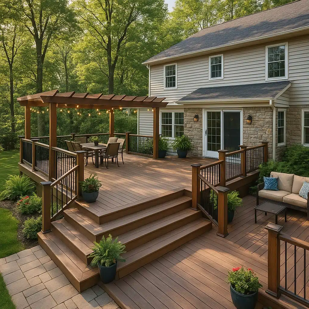 multi-level-residential-deck-with-lighting-on-the-pergola-and-outdoor-living-space-on-the-modern-house-with-multiple-windows-featuring-beautiful-big-trees-on-the-background-in-south-east-pa
